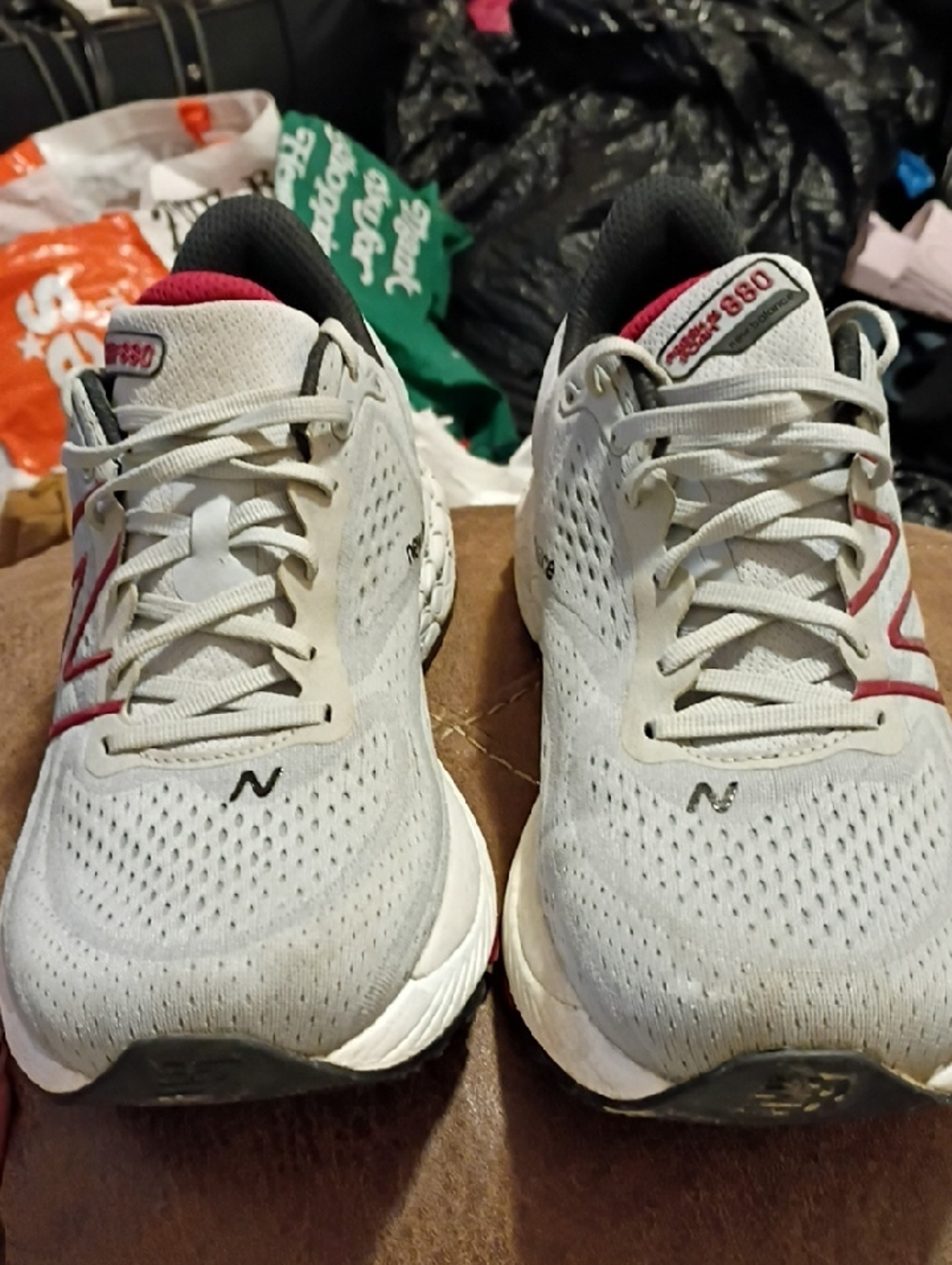 New Balance Men's Athletic Shoes in Light Gray with Red Accents